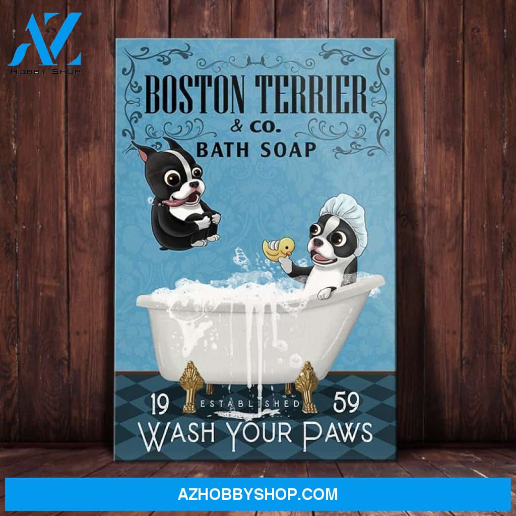 Boston Terrier Dog Bath Soap Canvas Wall Art, Wall Decor Visual Art
