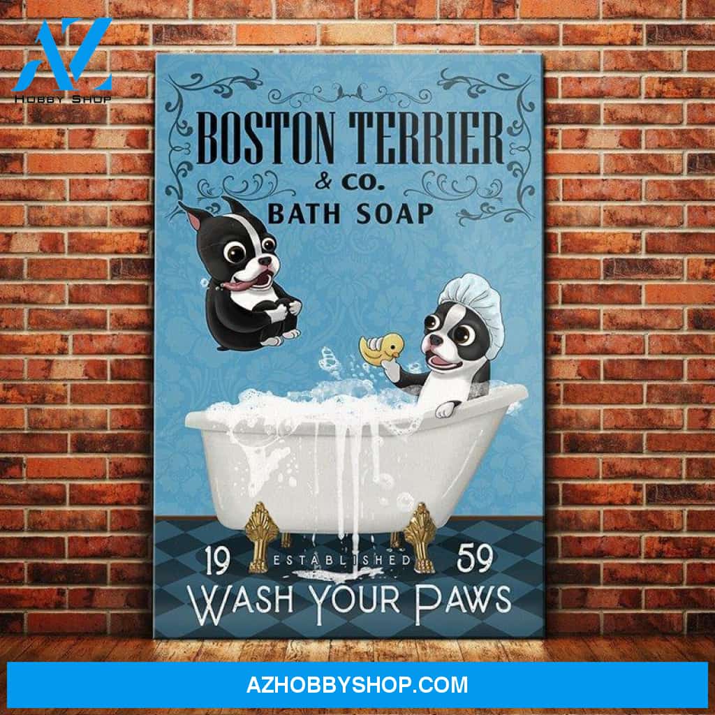 Boston Terrier Dog Bath Soap Canvas Wall Art, Wall Decor Visual Art