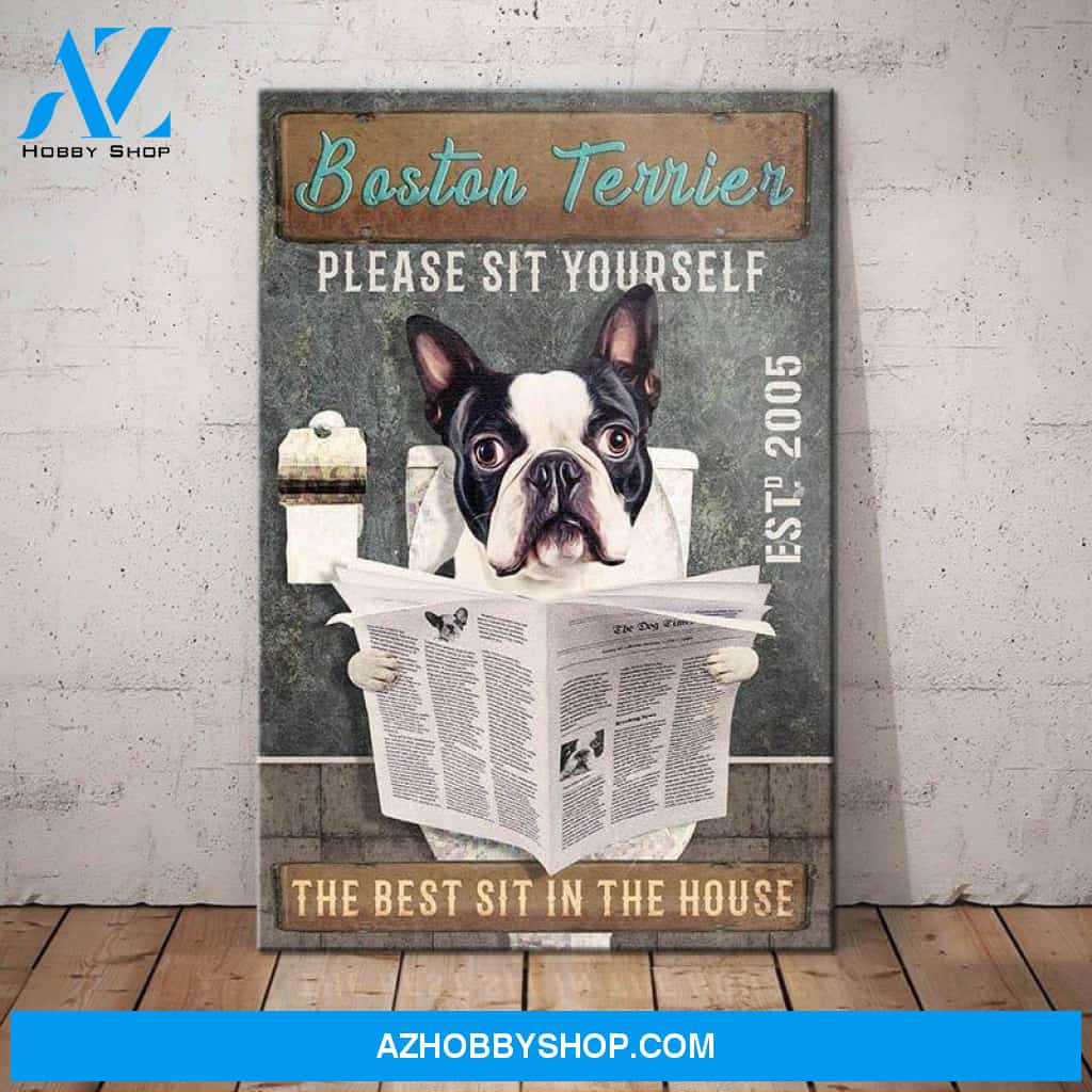 Boston Terrier Dog Bathroom Toilet Canvas Wall Art, Wall Decor Visual Art