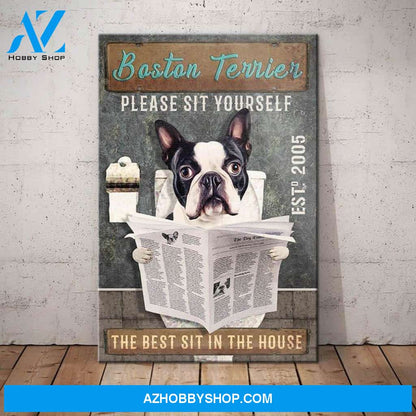 Boston Terrier Dog Bathroom Toilet Canvas Wall Art, Wall Decor Visual Art