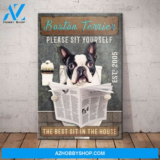 Boston Terrier Dog Bathroom Toilet Canvas Wall Art, Wall Decor Visual Art