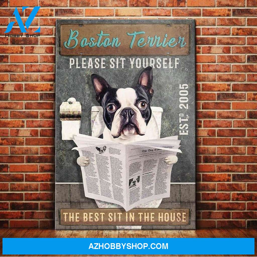 Boston Terrier Dog Bathroom Toilet Canvas Wall Art, Wall Decor Visual Art