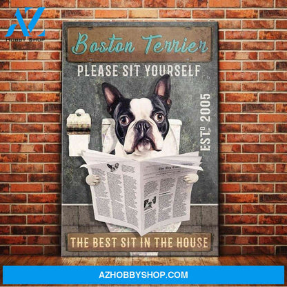 Boston Terrier Dog Bathroom Toilet Canvas Wall Art, Wall Decor Visual Art