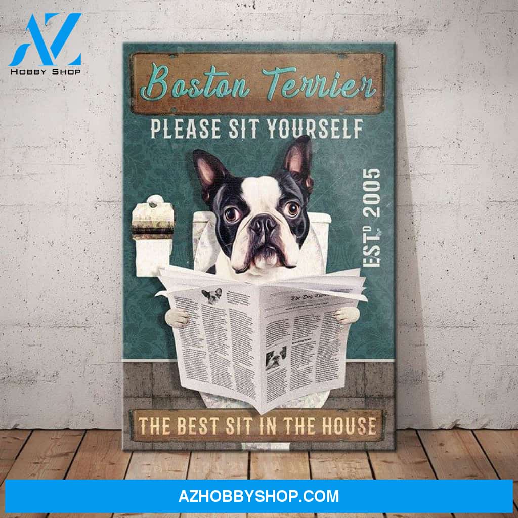 Boston Terrier Dog Bathroom Toilet Company Canvas Wall Art, Wall Decor Visual Art