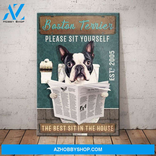Boston Terrier Dog Bathroom Toilet Company Canvas Wall Art, Wall Decor Visual Art