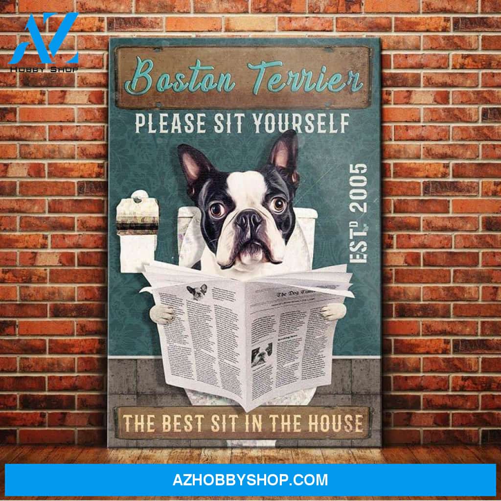 Boston Terrier Dog Bathroom Toilet Company Canvas Wall Art, Wall Decor Visual Art
