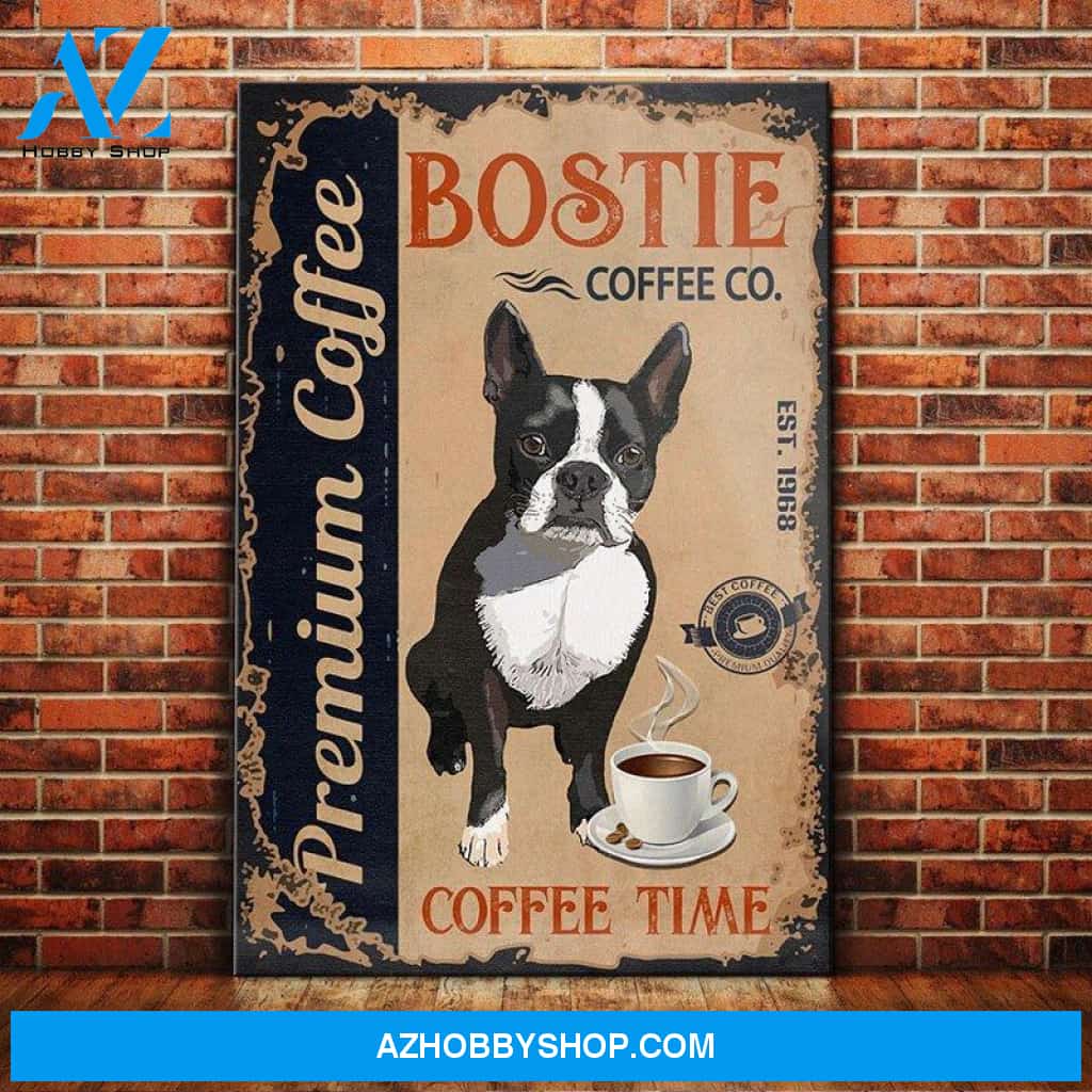Boston Terrier Dog Coffee Shop Canvas Wall Art, Wall Decor Visual Art