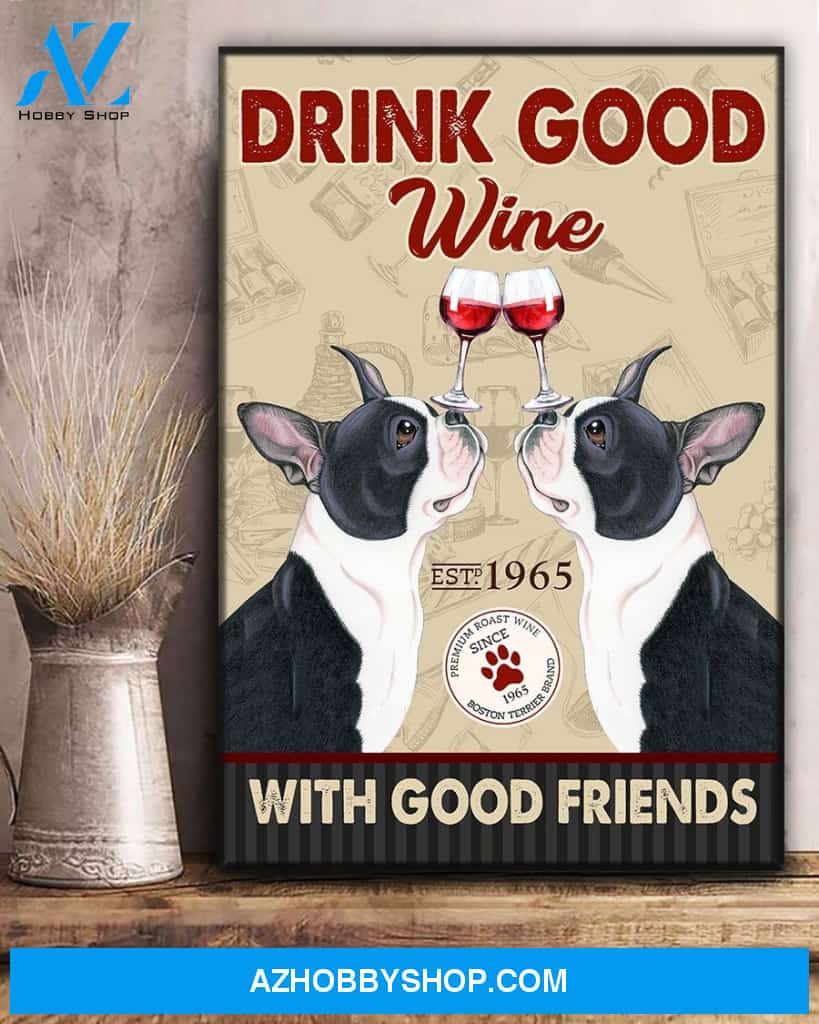 Boston Terrier Dog Drink Wine Canvas Wall Art, Wall Decor Visual Art
