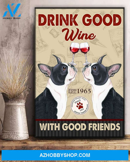 Boston Terrier Dog Drink Wine Canvas Wall Art, Wall Decor Visual Art