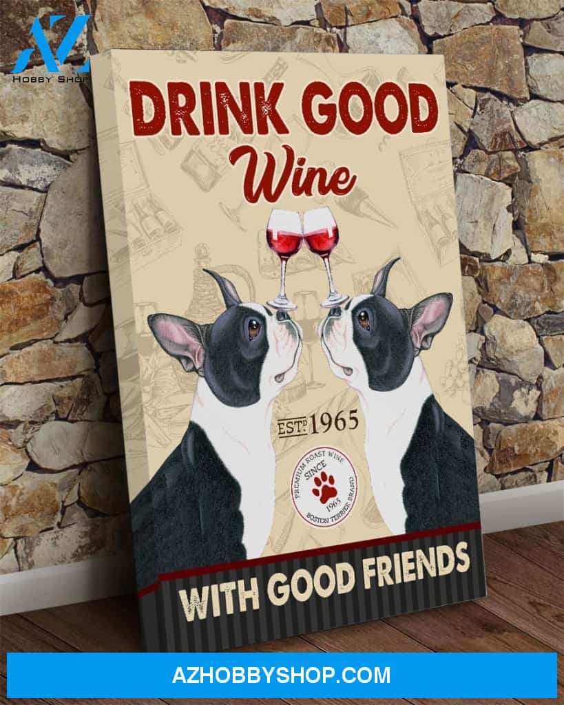 Boston Terrier Dog Drink Wine Canvas Wall Art, Wall Decor Visual Art