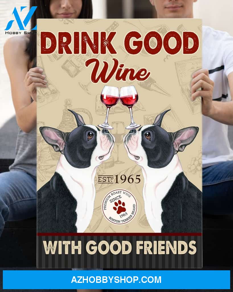 Boston Terrier Dog Drink Wine Canvas Wall Art, Wall Decor Visual Art