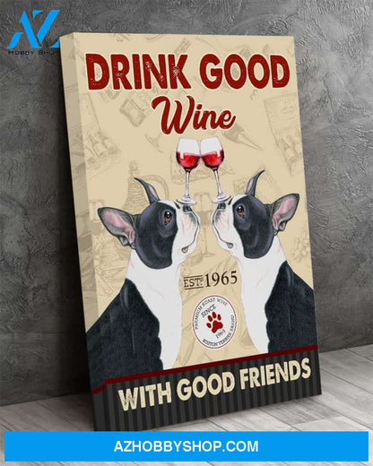 Boston Terrier Dog Drink Wine Canvas Wall Art, Wall Decor Visual Art
