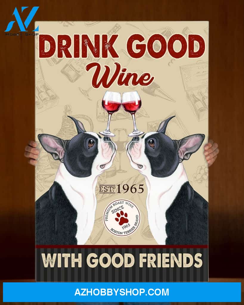 Boston Terrier Dog Drink Wine Canvas Wall Art, Wall Decor Visual Art