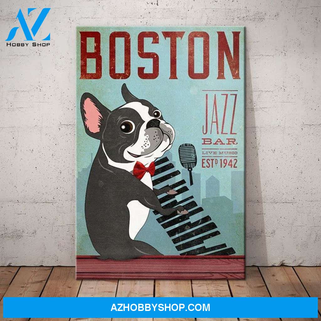 Boston Terrier Dog Jazz Bar Canvas Wall Art, Wall Decor Visual Art