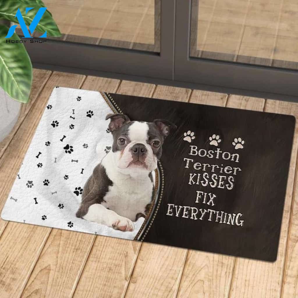 Boston Terrier Doormat, Kisses Fix Everything Doormat, Dog Welcome Mat, Funny Welcome Mats for Dogs Lovers
