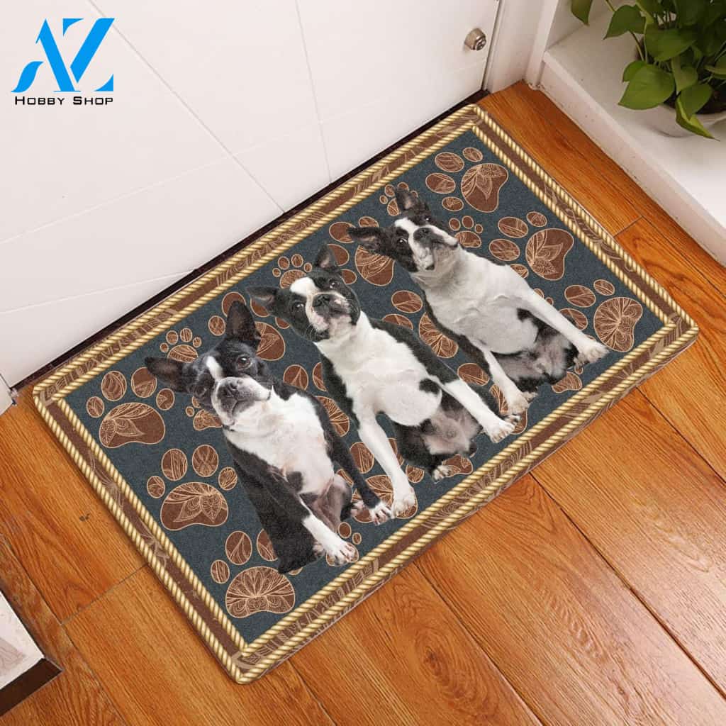 Boston Terrier Flower Paw - Dog Doormat Welcome Mat House Warming Gift Home Decor Gift for Dog Lovers Funny Doormat Gift Idea
