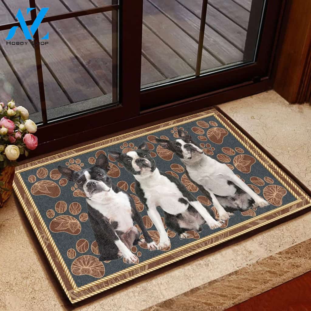 Boston Terrier Flower Paw - Dog Doormat Welcome Mat House Warming Gift Home Decor Gift for Dog Lovers Funny Doormat Gift Idea