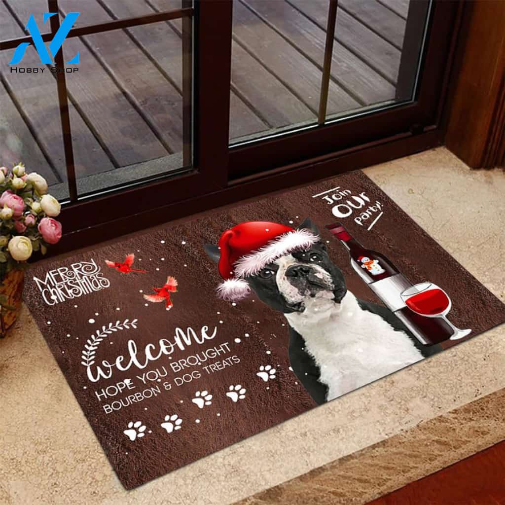 Boston Terrier Join Our Party Christmas Doormat
