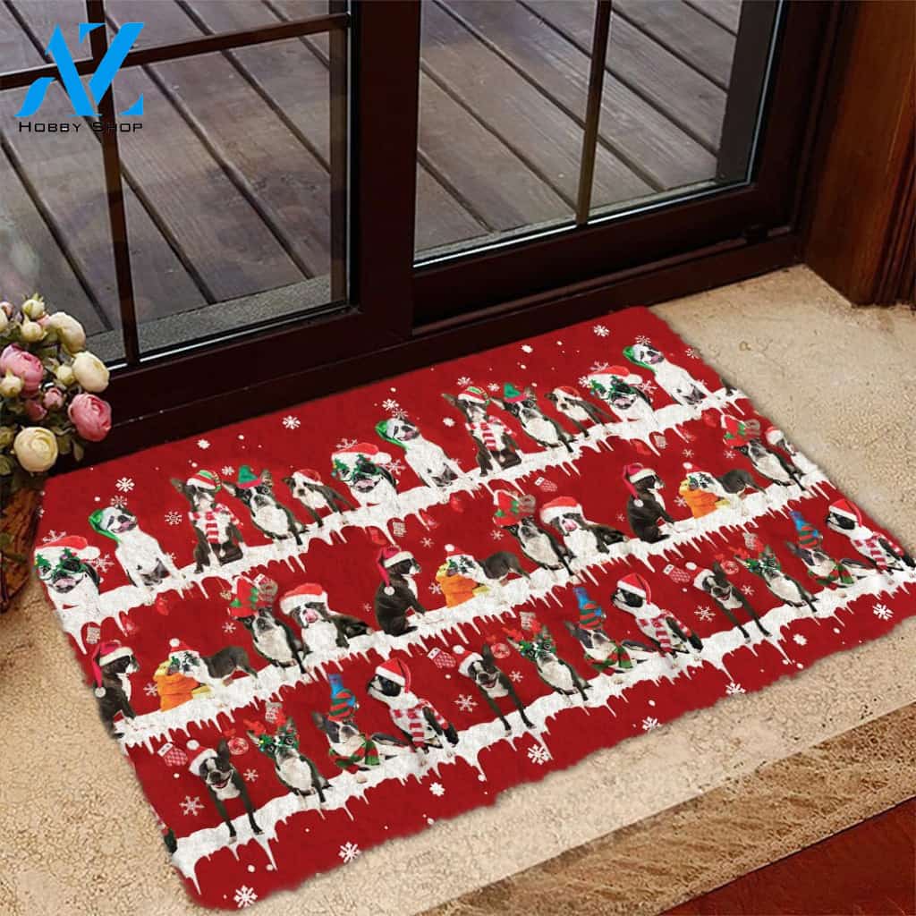 Boston Terrier Snow Merry Christmas Doormat