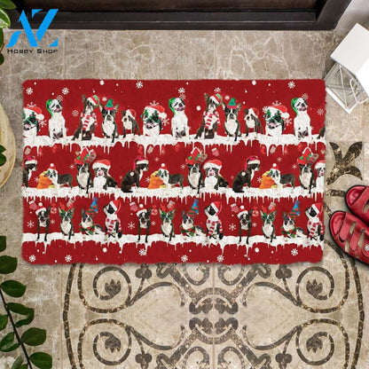 Boston Terrier Snow Merry Christmas Doormat