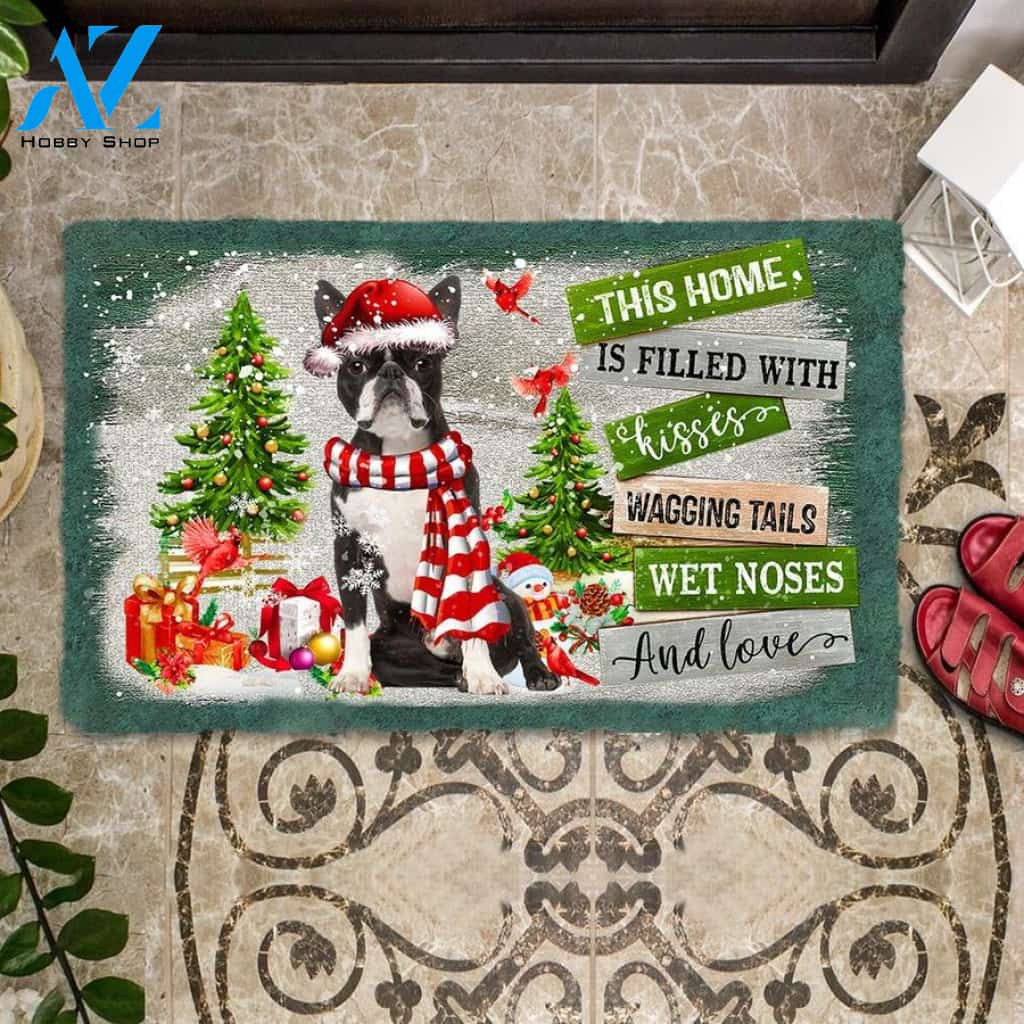Boston Terrier This Home Is Filled With Kisses Christmas Dog Doormat