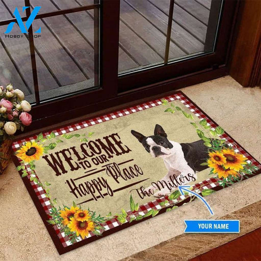 Boston Terrier Welcome To Our Happy Place Custom Doormat | Welcome Mat | House Warming Gift