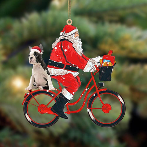 Santa Claus riding a bike with Boston Terrier 2-Two Sided Ornament