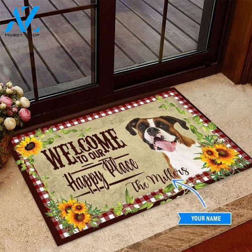 Boxer Welcome To Our Happy Place Custom Doormat | Welcome Mat | House Warming Gift