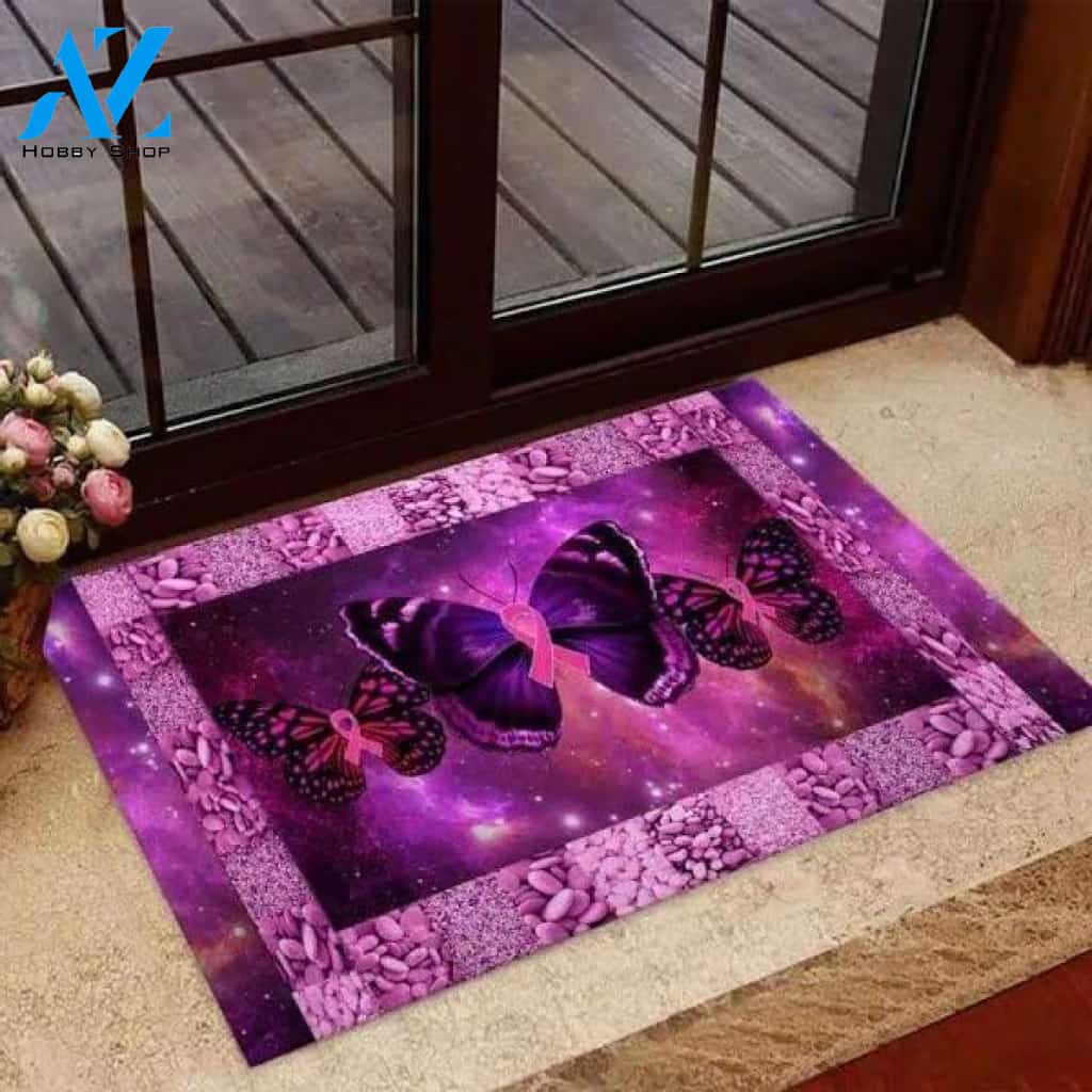 Personalized Name Family House Breast Cancer Awareness Butterfly Mystery Doormat Welcome Mat House Warming Gift Home Decor Funny Doormat Gift Idea
