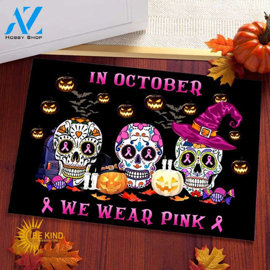 Breast Cancer Awareness Doormat On Halloween In October We Wear Pink Indoor and Outdoor Doormat Warm House Gift Welcome Mat, Gift for Friend Family Halloween