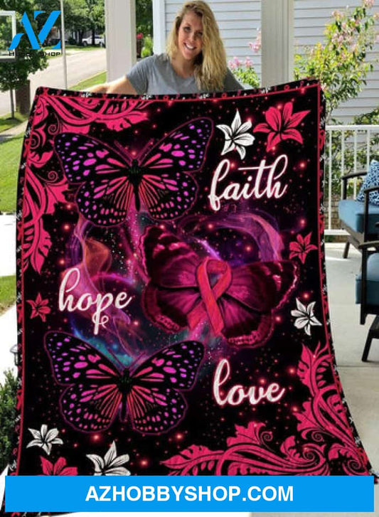Breast Cancer Awareness Faith Hope Love Gift Fleece Blanket - Quilt Blanket