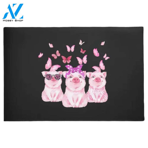 Breast Cancer Awareness Pink Ribbon Butterfly Pigs Doormat Welcome Mat House Warming Gift Home Decor Gift for Pig Lovers Funny Doormat Gift Idea