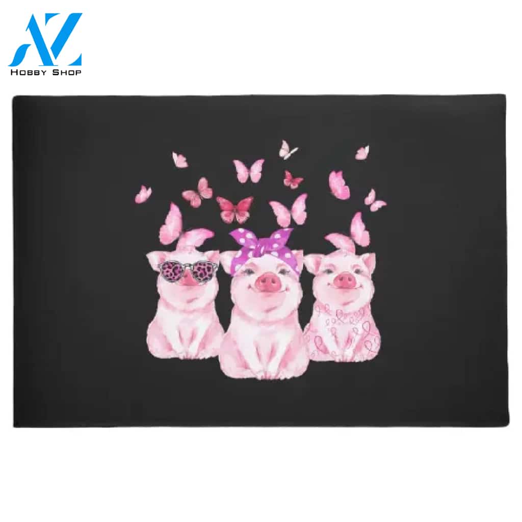 Breast Cancer Awareness Pink Ribbon Butterfly Pigs Doormat Welcome Mat House Warming Gift Home Decor Gift for Pig Lovers Funny Doormat Gift Idea