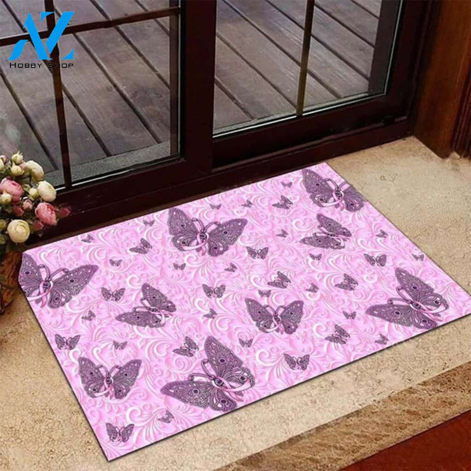 Personalized Name Family House Breast Cancer Butterfly Ribbon Pink Warrior Floral Pattern Doormat Welcome Mat House Warming Gift Home Decor Funny Doormat Gift Idea