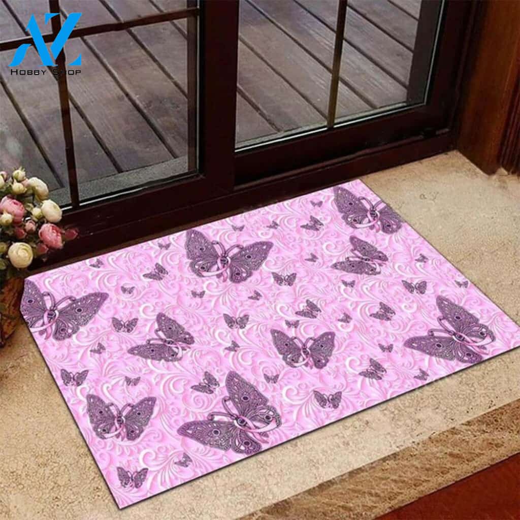 Personalized Name Family House Breast Cancer Butterfly Ribbon Pink Warrior Floral Pattern Doormat Welcome Mat House Warming Gift Home Decor Funny Doormat Gift Idea