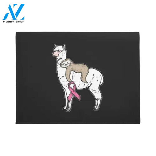 Personalized Name Family House Breast Cancer - Sloth Riding Llama Pink Ribbon Funny Doormat Welcome Mat House Warming Gift Home Decor Funny Doormat Gift Idea
