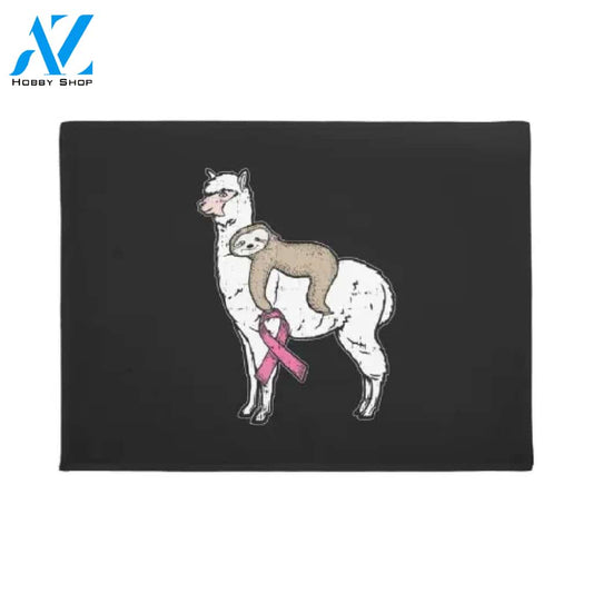 Personalized Name Family House Breast Cancer - Sloth Riding Llama Pink Ribbon Funny Doormat Welcome Mat House Warming Gift Home Decor Funny Doormat Gift Idea