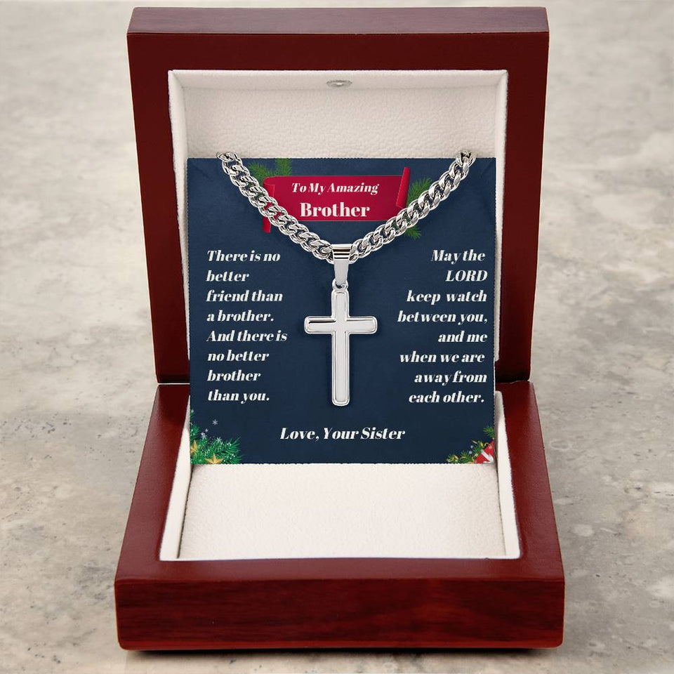 Brother - Christmas-  Personalized Cross Necklace on Cuban Chain