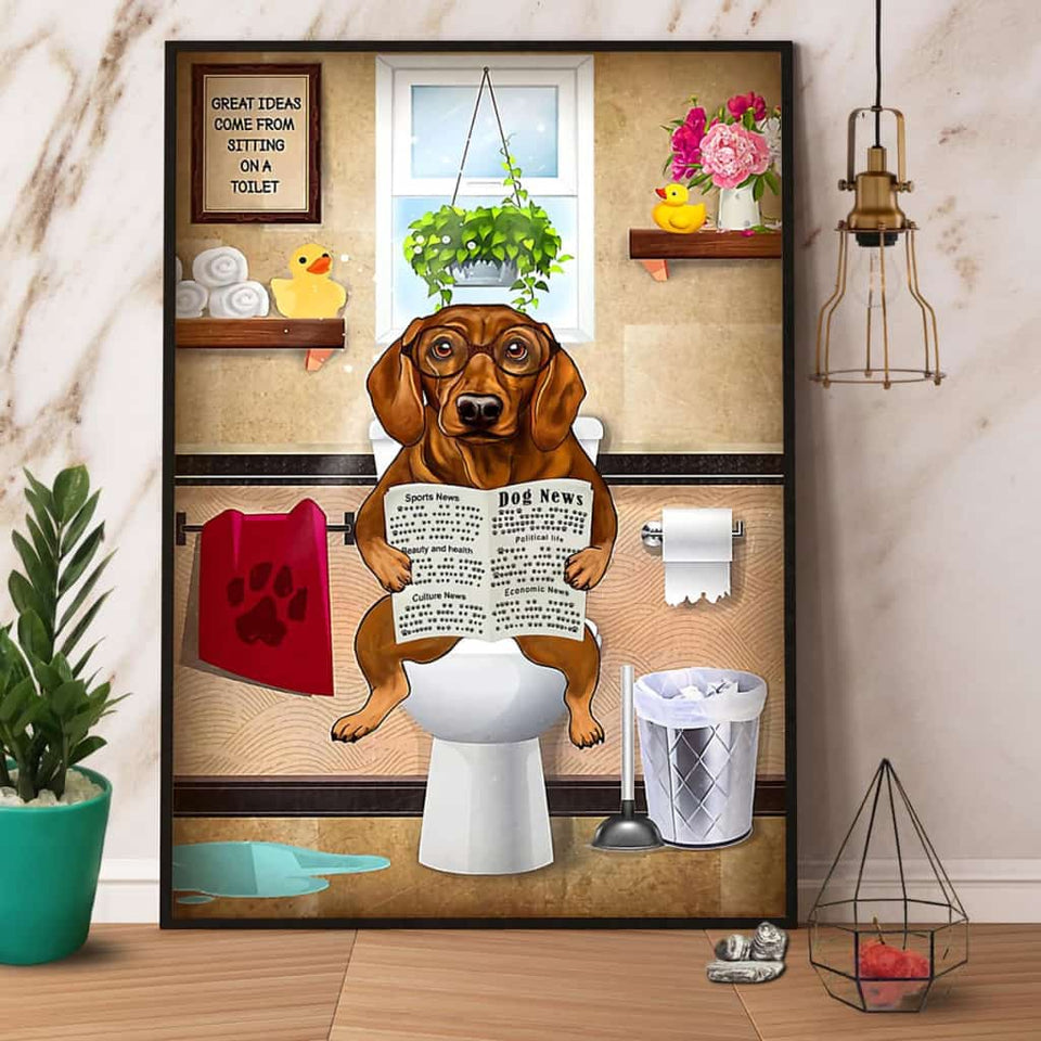 Brow Dachshund Sits On Toilet And Reading Newspaper Paper Poster No Frame Matte Canvas Wall Decor