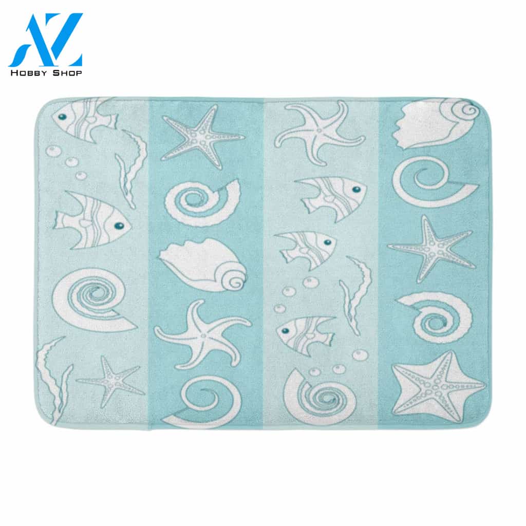 Bubble Blue Aqua Striped Pattern With Sea Animals Doormat Welcome Mat House Warming Gift Home Decor Funny Doormat Gift Idea