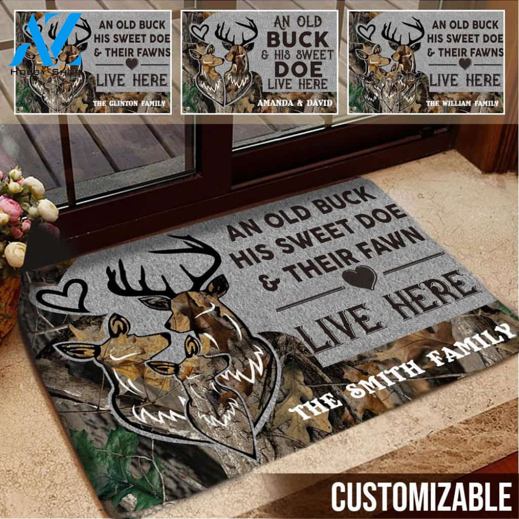 Buck Doe Fawn Family Personalized Doormat, We Live Here Customize Doormat Indoor Outdoor, Personalized Gift For Family Couple Lover On Valentine's Day, Live Preview AM07