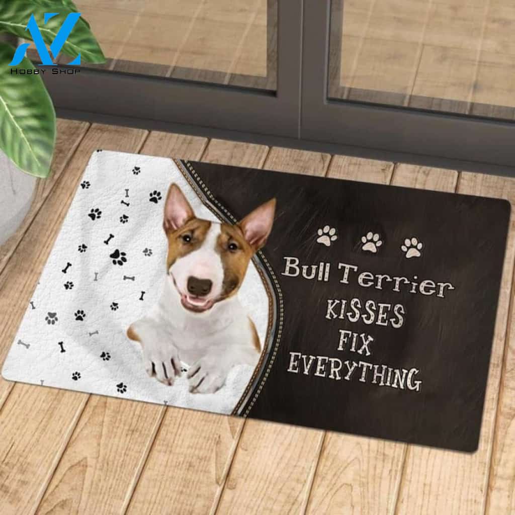 Bull Terrier Doormat, Kisses Fix Everything Doormat, Dog Welcome Mat, Funny Welcome Mats for Dogs Lovers