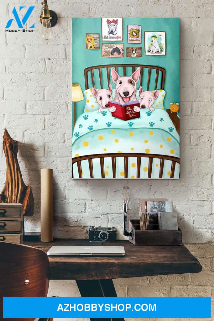 Bull Terrier Reading Book Before Bed Canvas And Poster, Wall Decor Visual Art