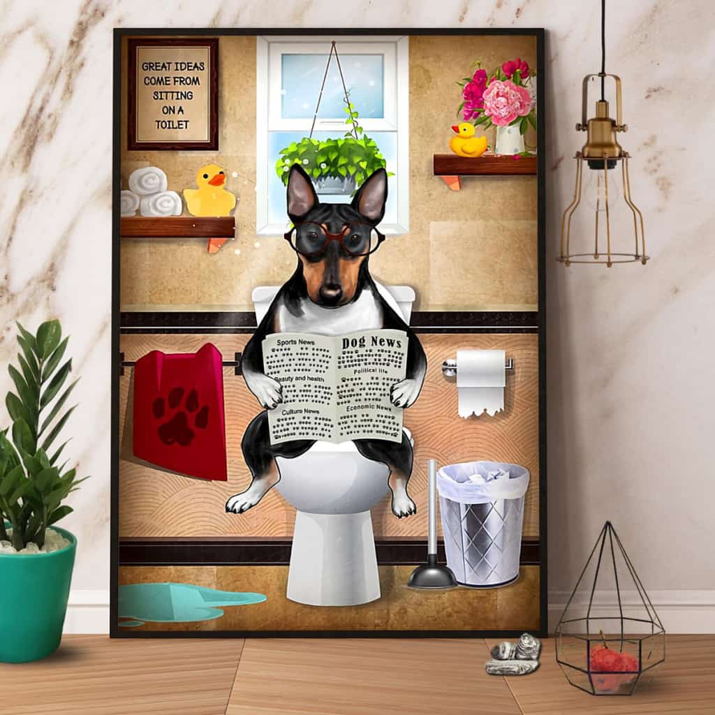 Bull Terrier Sitting On Toilet And Reading Newspaper Paper Poster No Frame Matte Canvas Wall Decor