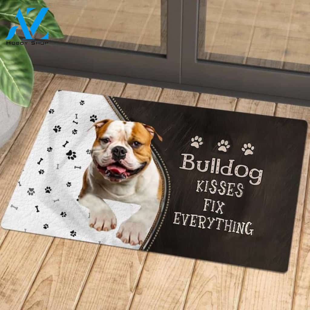 Bulldog 2 Doormat, Kisses Fix Everything Doormat, Dog Welcome Mat, Funny Welcome Mats for Dogs Lovers