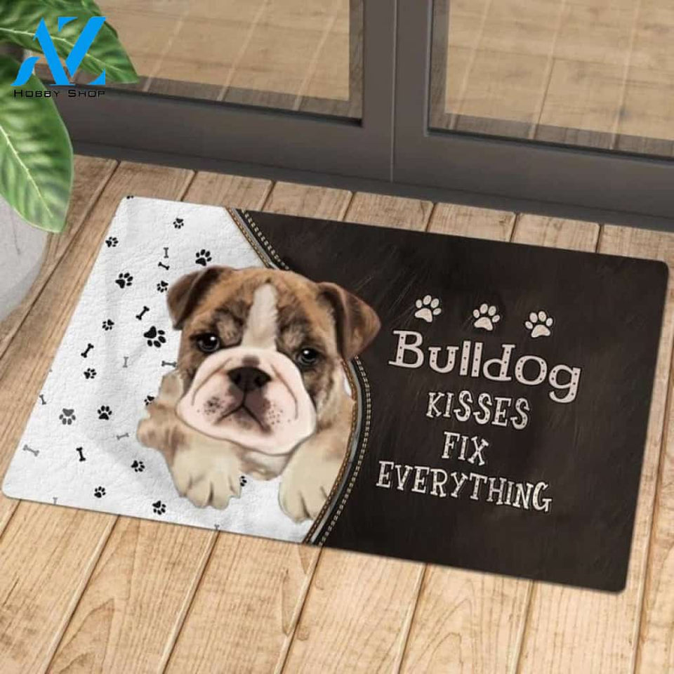 Bulldog 3 Doormat, Kisses Fix Everything Doormat, Dog Welcome Mat, Funny Welcome Mats for Dogs Lovers