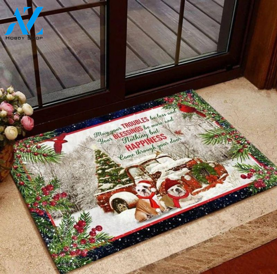 Bulldog Christmas Happiness Come Doormat Durable Soft Velvet Doormat, Gifts For Dog Lovers, Home Decor Funny Doormat Gift Idea