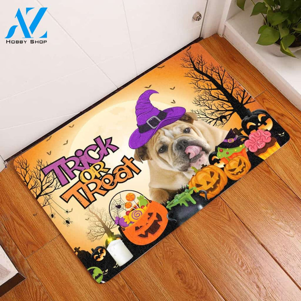 Bulldog Halloween Trick Or Treat - Dog Doormat Welcome Mat House Warming Gift Home Decor Gift for Dog Lovers Funny Doormat Gift Idea