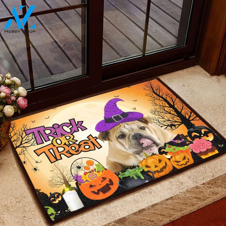 Bulldog Halloween Trick Or Treat - Dog Doormat Welcome Mat House Warming Gift Home Decor Gift for Dog Lovers Funny Doormat Gift Idea