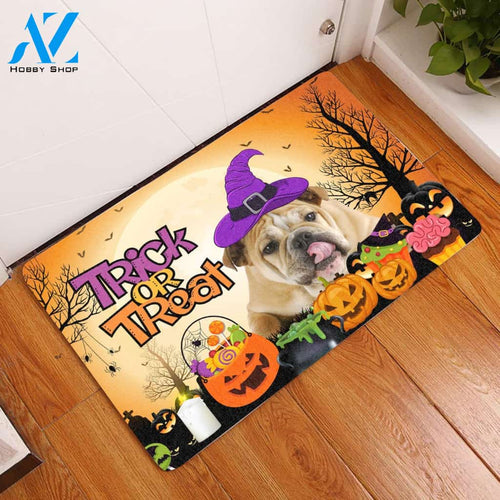 Bulldog Halloween Trick Or Treat - Door Mat | Welcome Mat | House Warming Gift